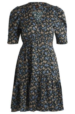 V-neck dress printed satin with gathered sleeves