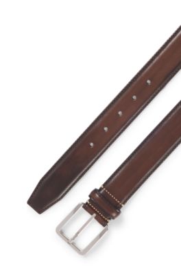 Italian-leather belt with contrast stitching, Dark Brown