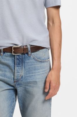 Ceinture en cuir italien &agrave; surpiq&ucirc;res contrastantes, Marron fonc&eacute;