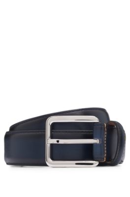 Shop Hugo Boss Italian-leather Belt With Contrast Stitching In Dark Blue