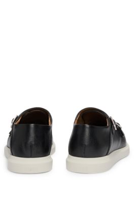 Grained-leather monk shoes with double strap, Black