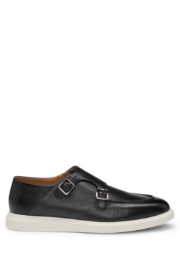 Grained-leather monk shoes with double strap, Black