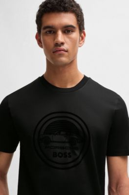 Camiseta Porsche x BOSS de algod&oacute;n mercerizado con detalle especial de la marca, Negro