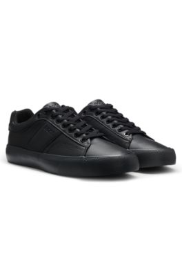 Faux-leather trainers with grained and plain textures, Black