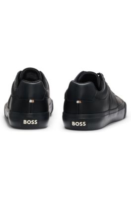 Faux-leather trainers with grained and plain textures, Black