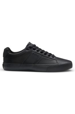 Faux-leather trainers with grained and plain textures, Black