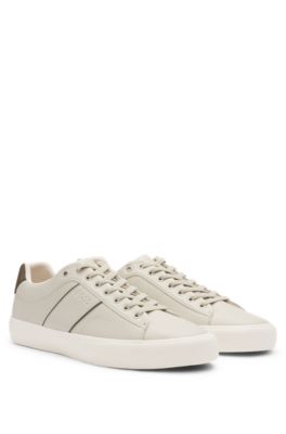 Faux-leather trainers with grained and plain textures, Light Beige