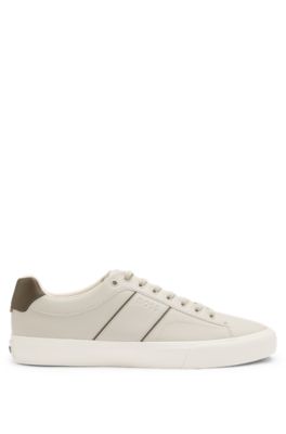 Faux-leather trainers with grained and plain textures, Light Beige