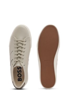 Faux-leather trainers with grained and plain textures, Light Beige