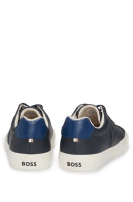 Faux-leather trainers with grained and plain textures, Dark Blue