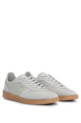 Shop Hugo Boss Leather-suede Trainers With Foil-print Branding In Grey