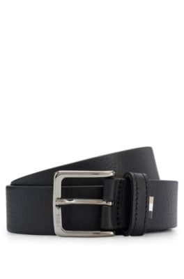 Hugo Boss Grained Italian-leather Belt With Signature-stripe Trim In Black