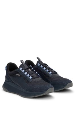 Hugo Boss Ttnm Evo Suede, Leather And Mesh Trainers With Ribbed Sole In Dark Blue