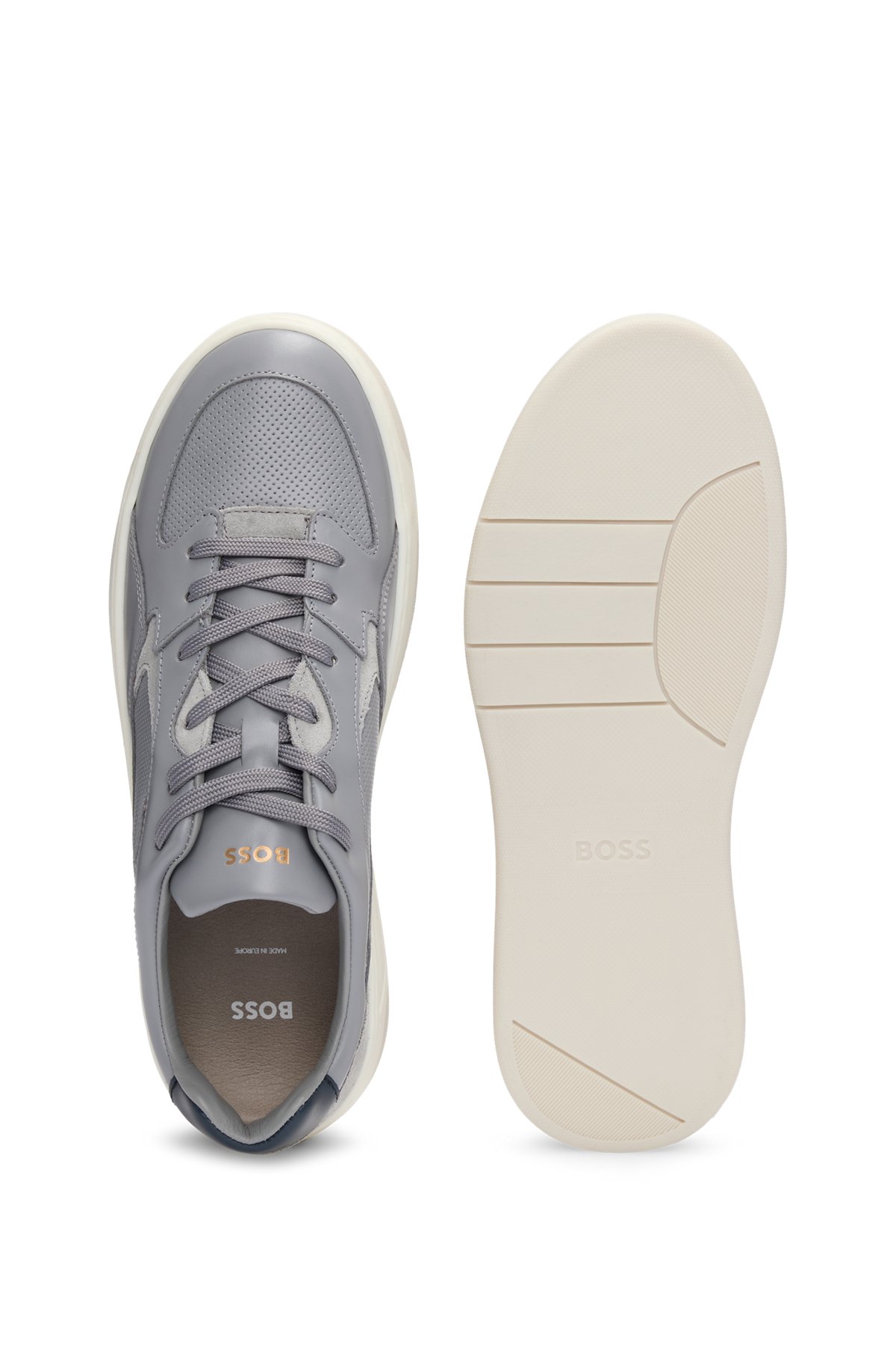 BOSS - Mixed-leather trainers with layered upper - Grey BOSS - Mixed-leather trainers with layered upper - Grey