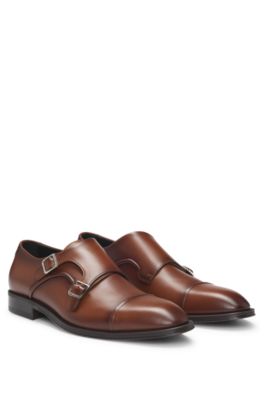 Shop Hugo Boss Cap-toe Double Monk Shoes In Leather In Brown