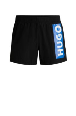 Shop Hugo Partially Lined Quick-dry Swim Shorts With Vertical Logo In Black