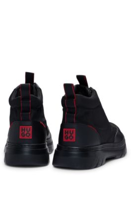 Mixed-material high-top trainers with red details, Black