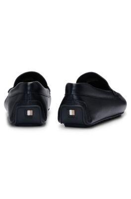 Grained-leather driver moccasins with logo strap, Black