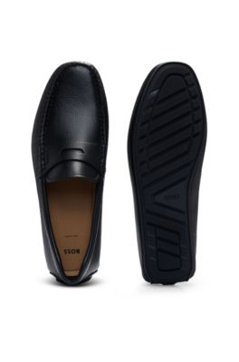 Grained-leather driver moccasins with logo strap, Black