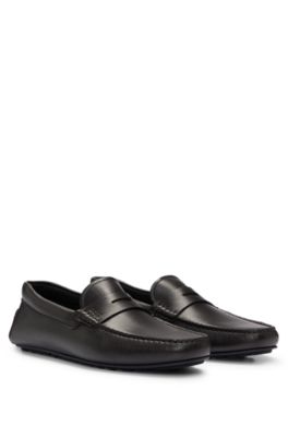 Hugo Boss Grained-leather Driver Moccasins With Logo Strap In Dark Brown