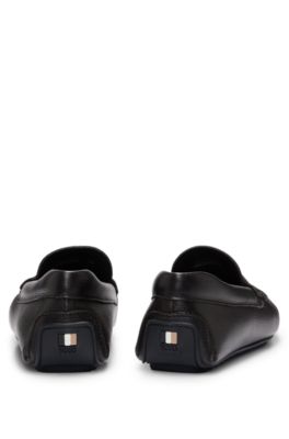 Grained-leather driver moccasins with logo strap, Dark Brown