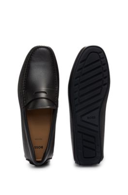 Grained-leather driver moccasins with logo strap, Dark Brown