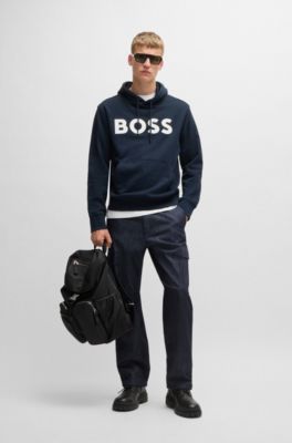 Sweat &agrave; capuche en molleton de coton avec logo oversize, Bleu fonc&eacute;