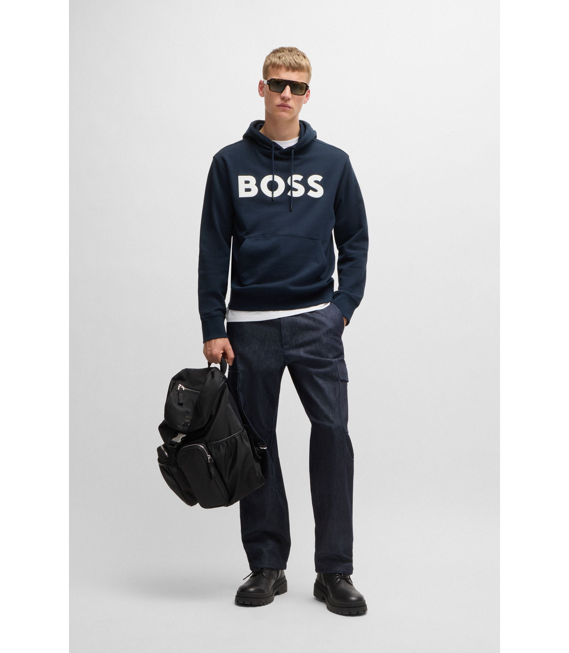 BOSS コットンテリー フーディ コントラストロゴ BOSS - Contrast-logo hoodie in cotton terry - Dark Blue