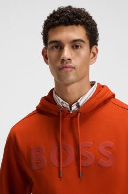 Contrast-logo hoodie in cotton terry, Light Orange