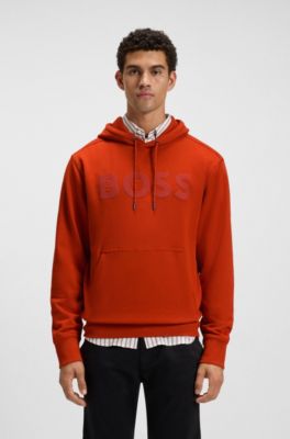 Contrast-logo hoodie in cotton terry, Light Orange
