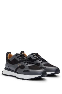 Hugo Boss Leather Trainers With Layered Uppers And Padded Collar In Gray