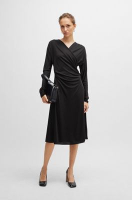 Long-sleeved dress with wrap front, Black