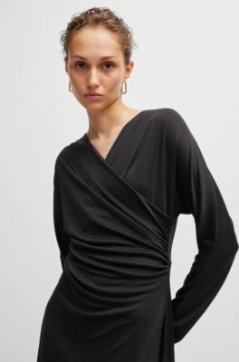 Long-sleeved dress with wrap front, Black