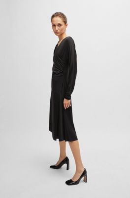 Long-sleeved dress with wrap front, Black