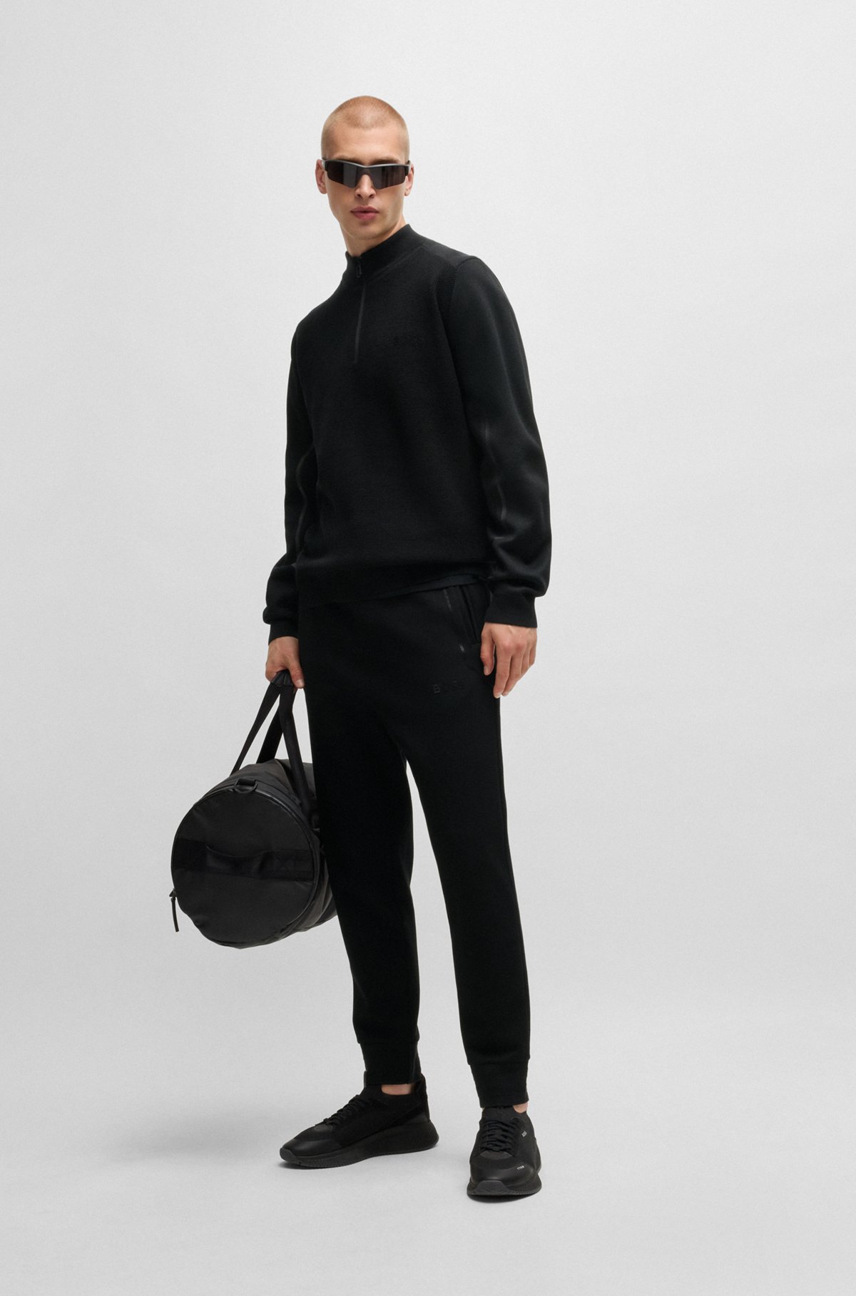 BOSS - Zip-neck regular-fit sweater with logo detail - Black BOSS - Zip-neck regular-fit sweater with logo detail - Black