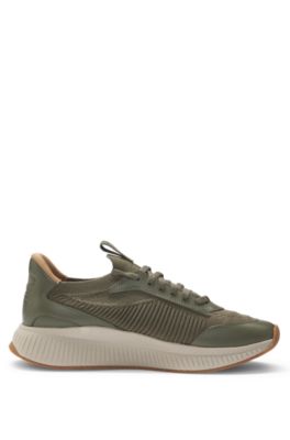 Mixed-material trainers with fishbone sole and signature accents, Dark Green