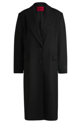 Hugo Boss Long-length Regular-fit Coat With Peak Lapels In Black