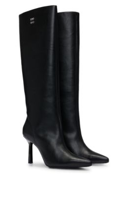 Hugo Boss Knee-high Boots In Nappa Leather With Stacked Logo In Black