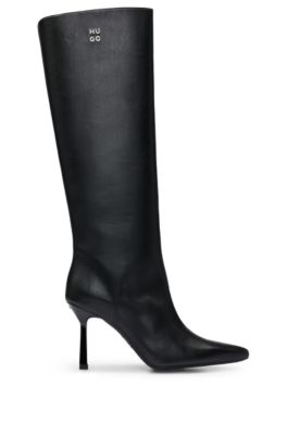 Knee-high boots in nappa leather with stacked logo, Black