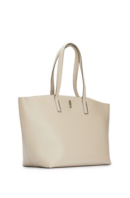 Leather shopper bag with signature hardware, Light Beige