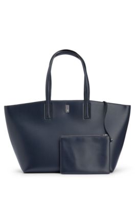 Shop Hugo Boss Leather Shopper Bag With Signature Hardware In Dark Blue