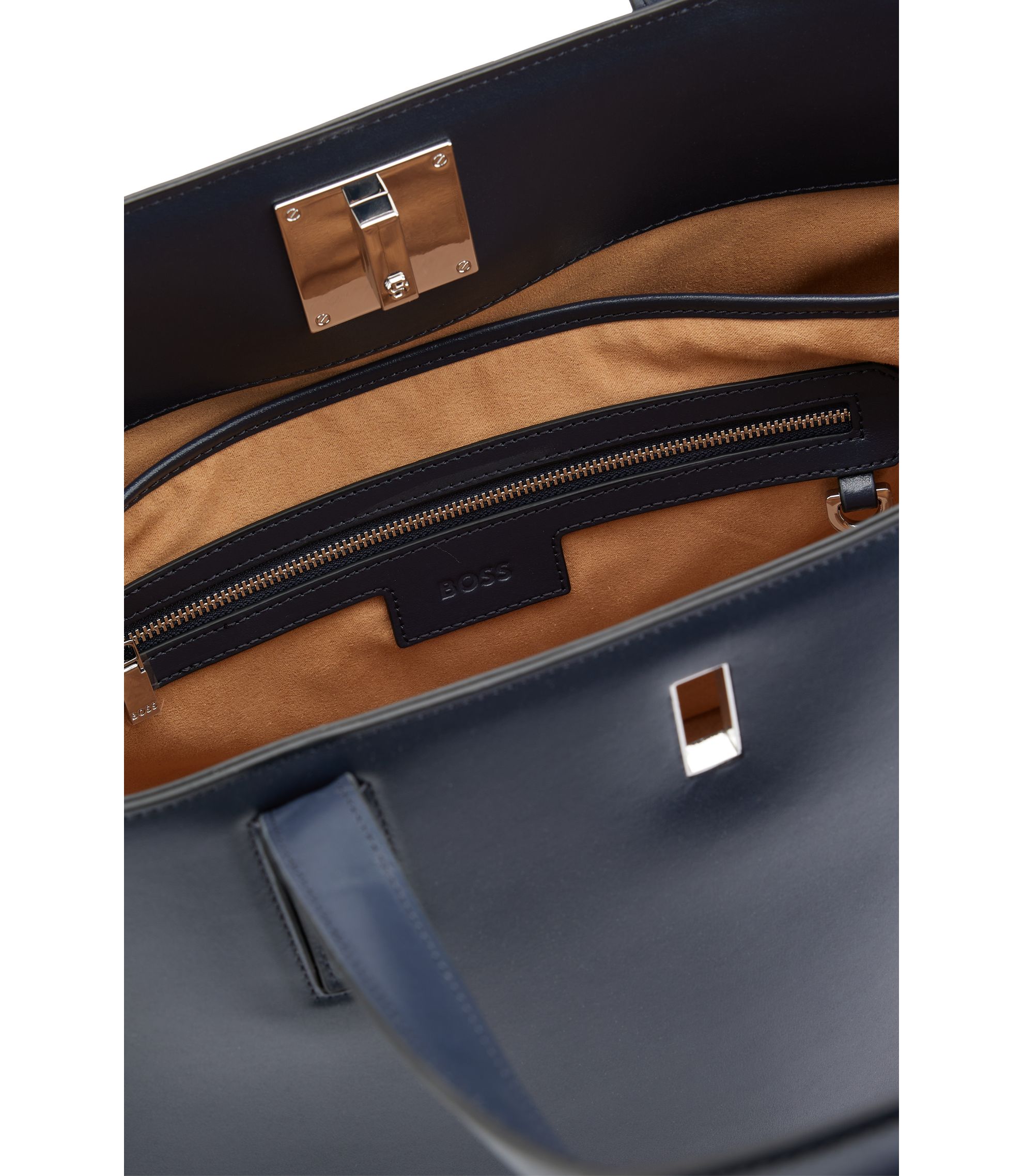 BOSS - Leather shopper bag with signature hardware - Dark Blue