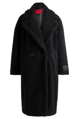 Hugo Boss Double-breasted Oversize-fit Coat In Faux Fur In Black