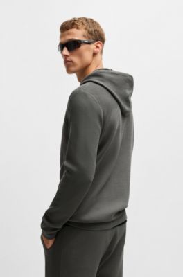 Regular-fit knitted hoodie with stripes and branding, Light Grey