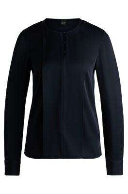 Hugo Boss Button-neck Blouse In Stretch-silk Crepe De Chine In Dark Blue