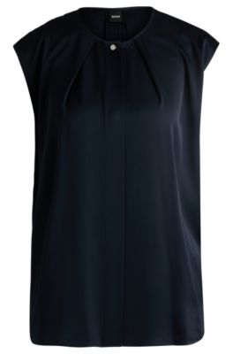 Hugo Boss Fitted Sleeveless Blouse In Stretch Silk With Concealed Placket In Dark Blue