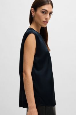 Fitted sleeveless blouse in stretch silk with concealed placket, Dark Blue