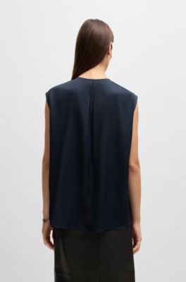 Fitted sleeveless blouse in stretch silk with concealed placket, Dark Blue