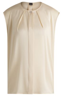 Hugo Boss Fitted Sleeveless Blouse In Stretch Silk With Concealed Placket In Light Yellow