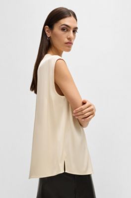 Fitted sleeveless blouse in stretch silk with concealed placket, Light Yellow